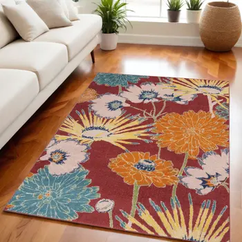 5' X 7' Orange and Red Floral Power Loom Area Rug