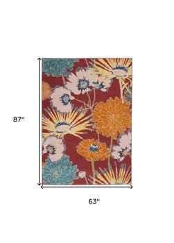 5' X 7' Orange and Red Floral Power Loom Area Rug