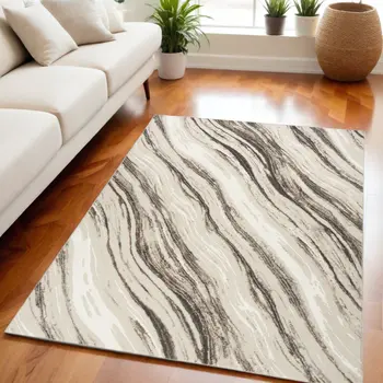 5' X 7' Beige Black and Gray Abstract Non Skid Area Rug