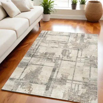 5' X 7' Ivory Gray and Black Abstract Non Skid Area Rug