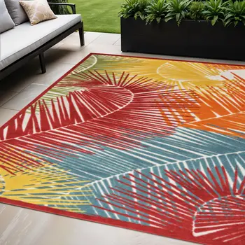 5' X 7' Orange Yellow Red Blue And Green Palm Leaf Indoor Outdoor Area Rug
