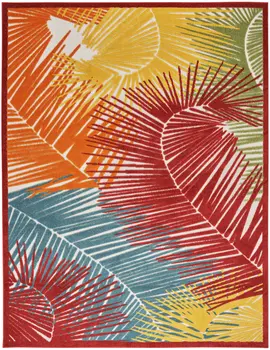 8' X 10' Orange Yellow Red Blue And Green Palm Leaf Indoor Outdoor Area Rug
