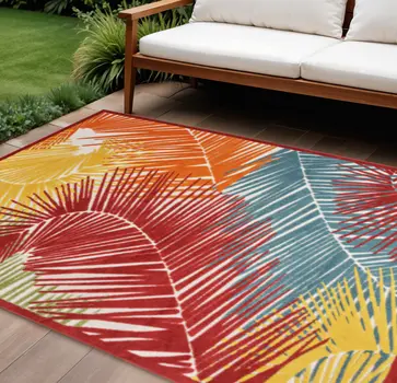 8' X 10' Orange Yellow Red Blue And Green Palm Leaf Indoor Outdoor Area Rug