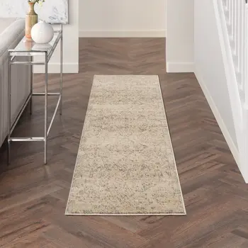 7' Beige And Gray Geometric Distressed Runner Rug