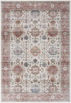 8' X 10' Ivory and Red Floral Distressed Non Skid Area Rug