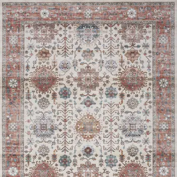 8' X 10' Ivory and Red Floral Distressed Non Skid Area Rug