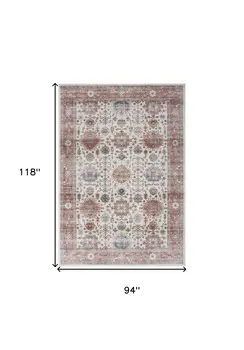 8' X 10' Ivory and Red Floral Distressed Non Skid Area Rug