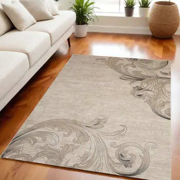 5' X 7' Tan Black and Ivory Damask Non Skid Area Rug