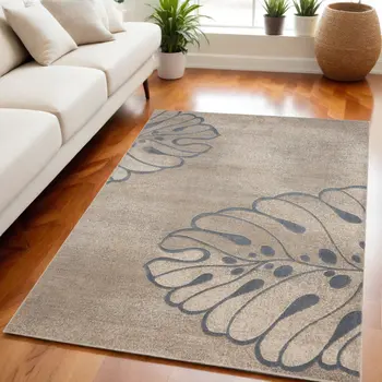 5' X 7' Beige and Gray Botanical Leaves Non Skid Area Rug