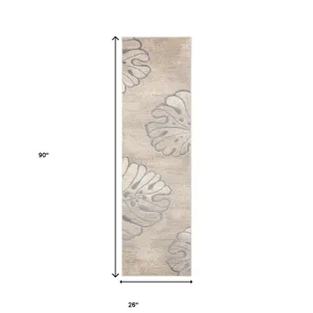 8' Beige and Gray Floral Non Skid Runner Rug