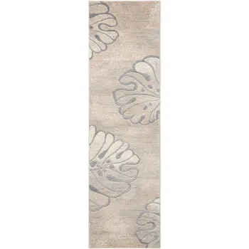 8' Beige and Gray Floral Non Skid Runner Rug