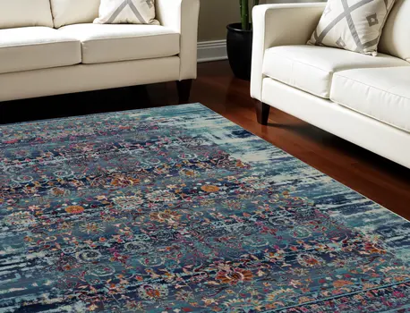 8' X 10' Blue Red And Orange Floral Distressed Non Skid Area Rug
