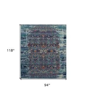 8' X 10' Blue Red And Orange Floral Distressed Non Skid Area Rug
