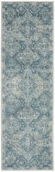 7' Ivory and Light Blue Geometric Distressed Runner Rug