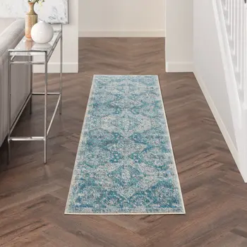 7' Ivory and Light Blue Geometric Distressed Runner Rug