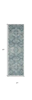 7' Ivory and Light Blue Geometric Distressed Runner Rug
