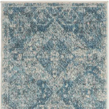 7' Ivory and Light Blue Geometric Distressed Runner Rug