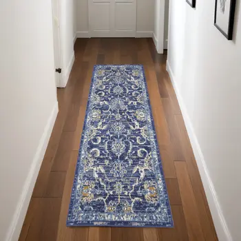 8' Blue And Beige Floral Runner Rug