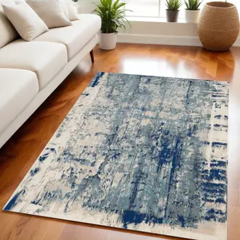5' X 7' Ivory Blue and Slate Gray Abstract Non Skid Area Rug