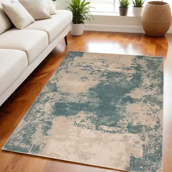 5' X 7' Teal and Ivory Abstract Non Skid Area Rug