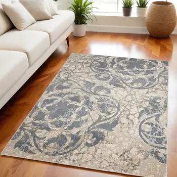 5' X 7' Ivory Charcoal and Gray Floral Distressed Non Skid Area Rug