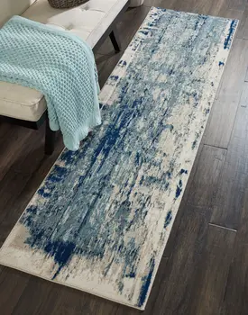 8' Ivory Blue and Slate Gray Abstract Non Skid Runner Rug