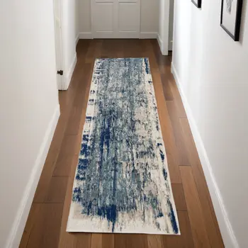 8' Ivory Blue and Slate Gray Abstract Non Skid Runner Rug