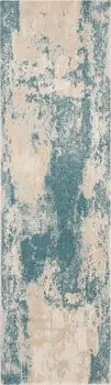 8' Teal and Ivory Abstract Non Skid Runner Rug
