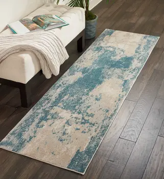 8' Teal and Ivory Abstract Non Skid Runner Rug