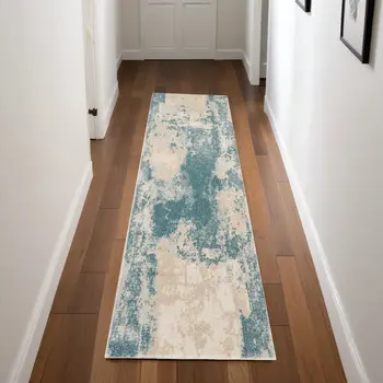 8' Teal and Ivory Abstract Non Skid Runner Rug