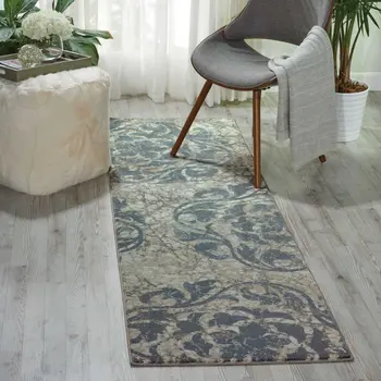 8' Ivory Tan and Gray Floral Distressed Non Skid Runner Rug