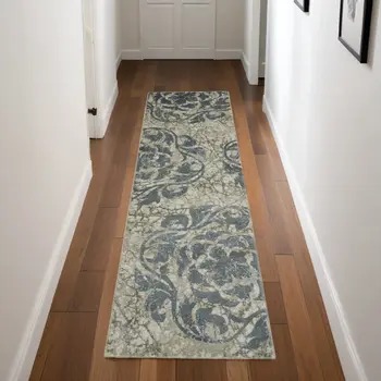 8' Ivory Tan and Gray Floral Distressed Non Skid Runner Rug