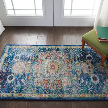 2' X 4' Ivory and Yellow Floral Medallion Distressed Non Skid Area Rug