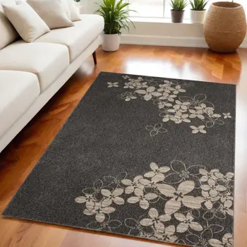 5' X 7' Charcoal and Beige Floral Non Skid Area Rug