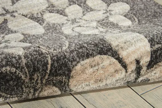 8' Charcoal and Beige Floral Non Skid Runner Rug