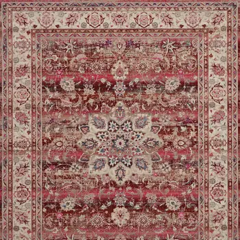 8' X 10' Ivory And Red Floral Distressed Non Skid Area Rug