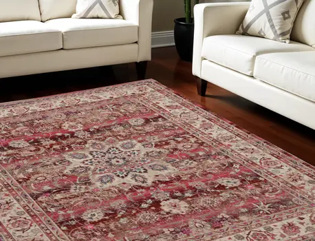8' X 10' Ivory And Red Floral Distressed Non Skid Area Rug