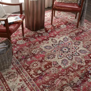 8' X 10' Ivory And Red Floral Distressed Non Skid Area Rug