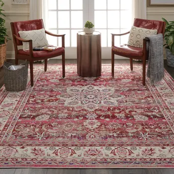 8' X 10' Ivory And Red Floral Distressed Non Skid Area Rug