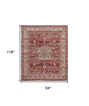 8' X 10' Ivory And Red Floral Distressed Non Skid Area Rug