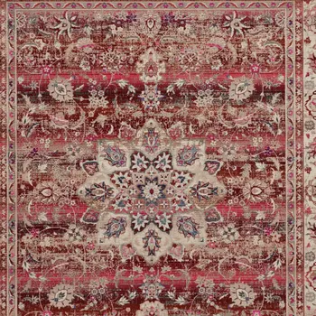 8' X 10' Ivory And Red Floral Distressed Non Skid Area Rug