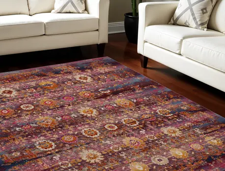 8' X 10' Blue Yellow And Red Floral Distressed Non Skid Area Rug