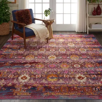 8' X 10' Blue Yellow And Red Floral Distressed Non Skid Area Rug