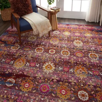 8' X 10' Blue Yellow And Red Floral Distressed Non Skid Area Rug