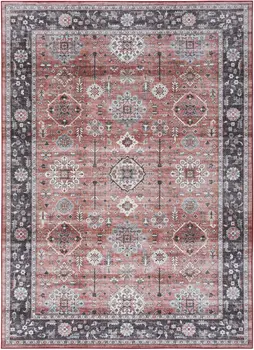 8' X 10' Black and Red Floral Distressed Non Skid Area Rug