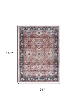 8' X 10' Black and Red Floral Distressed Non Skid Area Rug