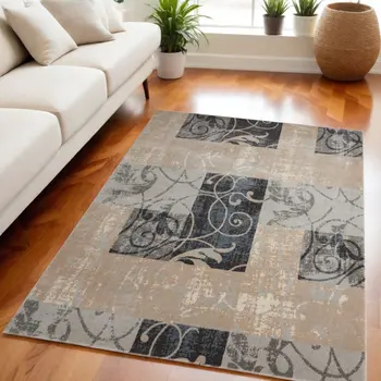 5' X 7' Tan Black and Ivory Floral Vines Non Skid Area Rug