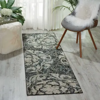 8' Ivory Charcoal and Gray Floral Distressed Non Skid Runner Rug