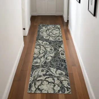 8' Ivory Charcoal and Gray Floral Distressed Non Skid Runner Rug