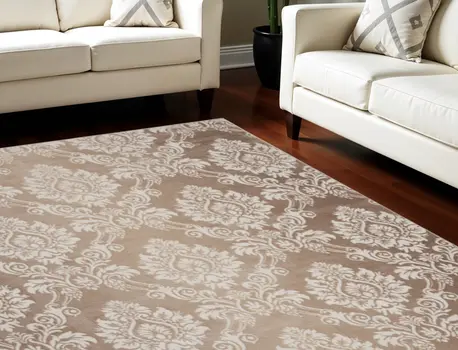 8' X 10' Ivory and Tan Damask Distressed Non Skid Area Rug